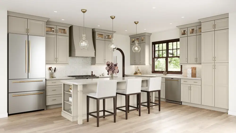 Cashmere kitchen with white bar stools