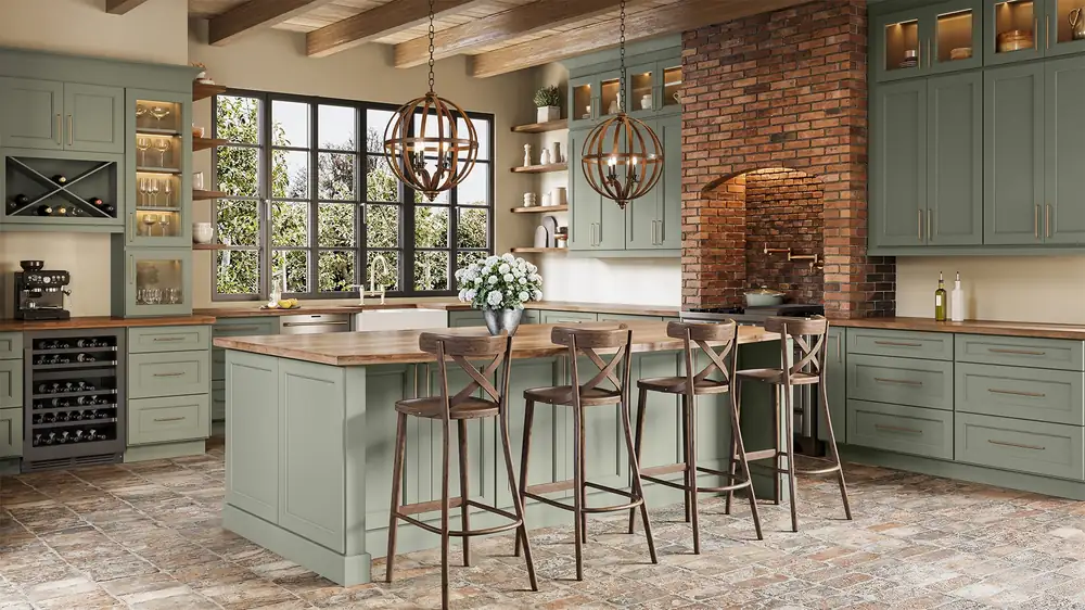 Sage green kitchen with brick accent