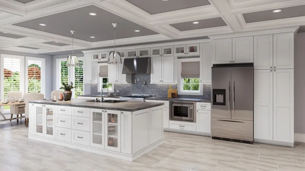 White shaker kitchen with coffered ceiling